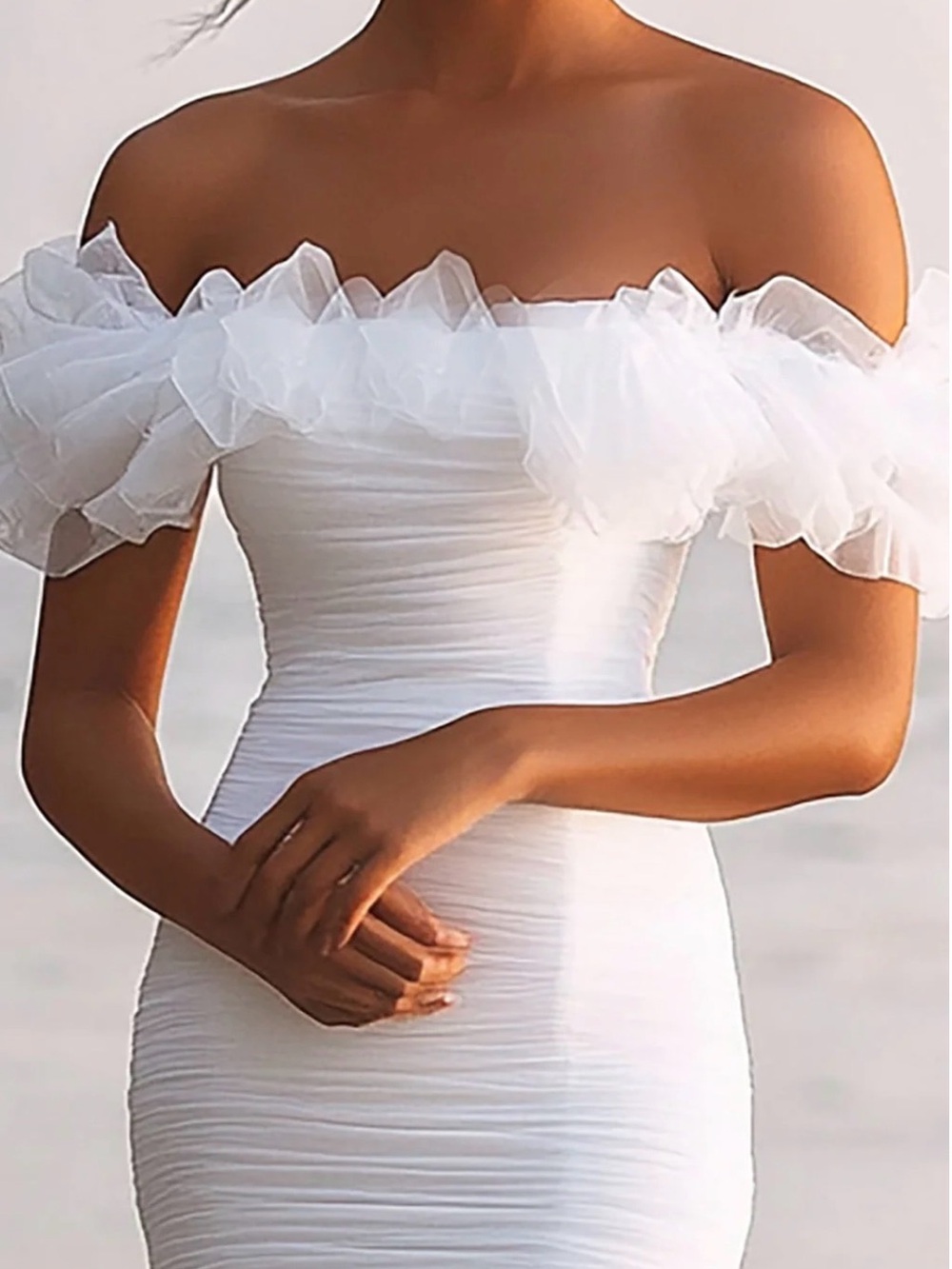 One-Shoulder White Ruffle High-Low Bodycon Dress - Picture 2 of 5